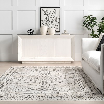Light Gray Geometric Machine Washable Synthetic Area Rug, 5' x 8'