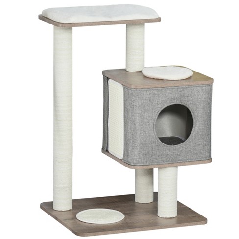 PawHut Cat Tree Tower Activity Center Climbing Frame with Jute Scratching Posts Ladder Dangling Ball Toy Perch Condo Soft Sofa Cover Grey