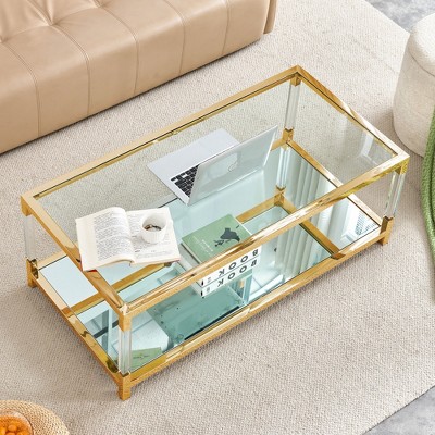 Dolonm Gold Glass Coffee Table - Modern Acrylic Leg, Mirror Bottom, Tempered Glass Top 47.2" for Living Room, Luxury Stainless Steel Frame