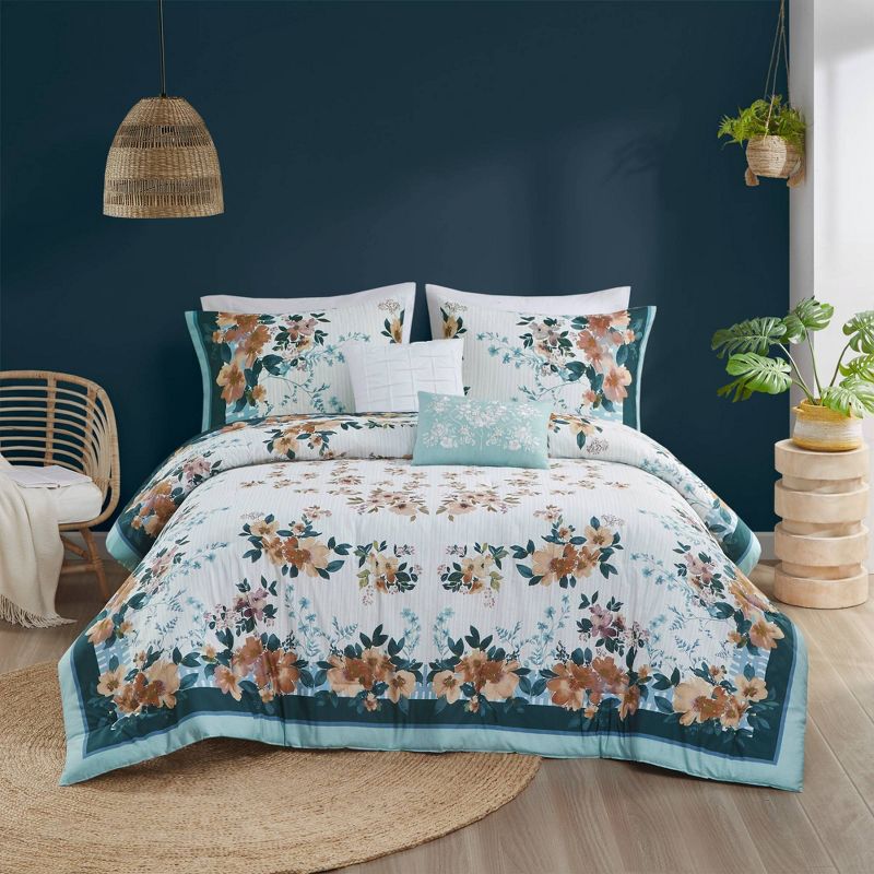 Madison Park 5pc Everly Cotton Floral Comforter Bedding Set with Throw Pillows Teal Blue, 4 of 13