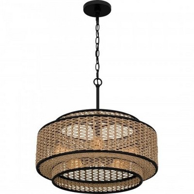 Matte Black and Natural Rope Drum Pendant Light, 5-Light
