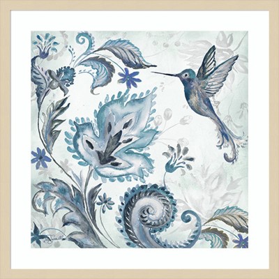Watercolor Boho Blue Hummingbird Graphic Art in Natural Wood Frame