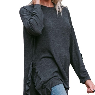 Amaryllis Women's Asymmetrical Hem Long Sleeve Pullover Top with Side Ruffle Detail Relaxed Fit Casual