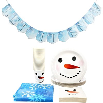 Blue Panda 75 Piece Christmas Snowman Disposable Party Supplies Serves 24 - Banner, Tablecloth, Napkin, Cup & Cutlery