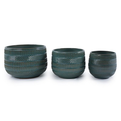 VisioGear 3PCS Ceramic Flowerpot, Modern Planter for Patio, Garden, Windowsill, Antique Navy Blue, 14.38"*14.38"*10.04"