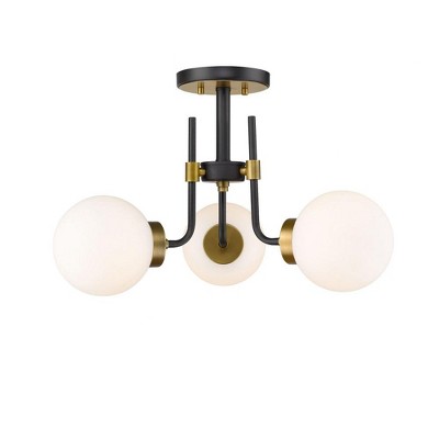 Matte Black and Brass 3-Light Globe Semi-Flush Mount