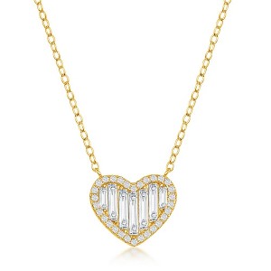 Bella Silver Sterling Silver Round and Baguette CZ Heart Necklace - Gold Plated - Gold - 16+2 Inch - 1 of 2