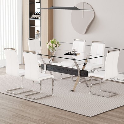 NicBex Dining Table Set for 6 Elegant Tempered Glass Rectangular Table with 6 PU Chairs for Kitchen