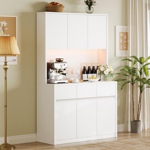 Coolmee 71 inch Kitchen Pantry Cabinet, Hutch Storage with Led Lights and Power Outlets, Buffet Cabinet with Microwave Stand, Adjustable Shelves - 1 of 4