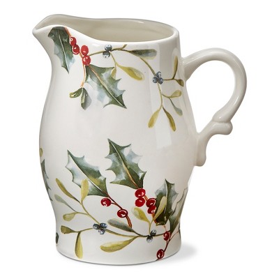 tagltd Winter Sprig Pitcher Stoneware White with Sprig and Holly, 6.9"L x 5.8"W x 8.25"H, 56 oz,