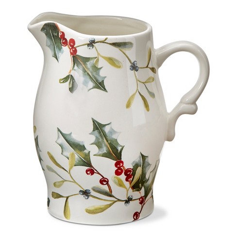 tagltd Winter Sprig Pitcher Stoneware White with Sprig and Holly, 6.9"L x 5.8"W x 8.25"H, 56 oz, - image 1 of 2