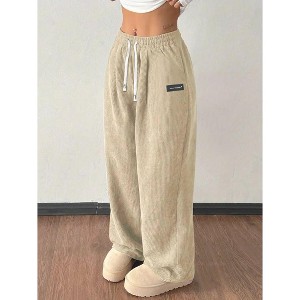 Coolmee Women's Corduroy Casual Pants Fashion Loose Fit Wide Leg Pants Straight Sweatpants Elastic Waist Drawstring - 1 of 3