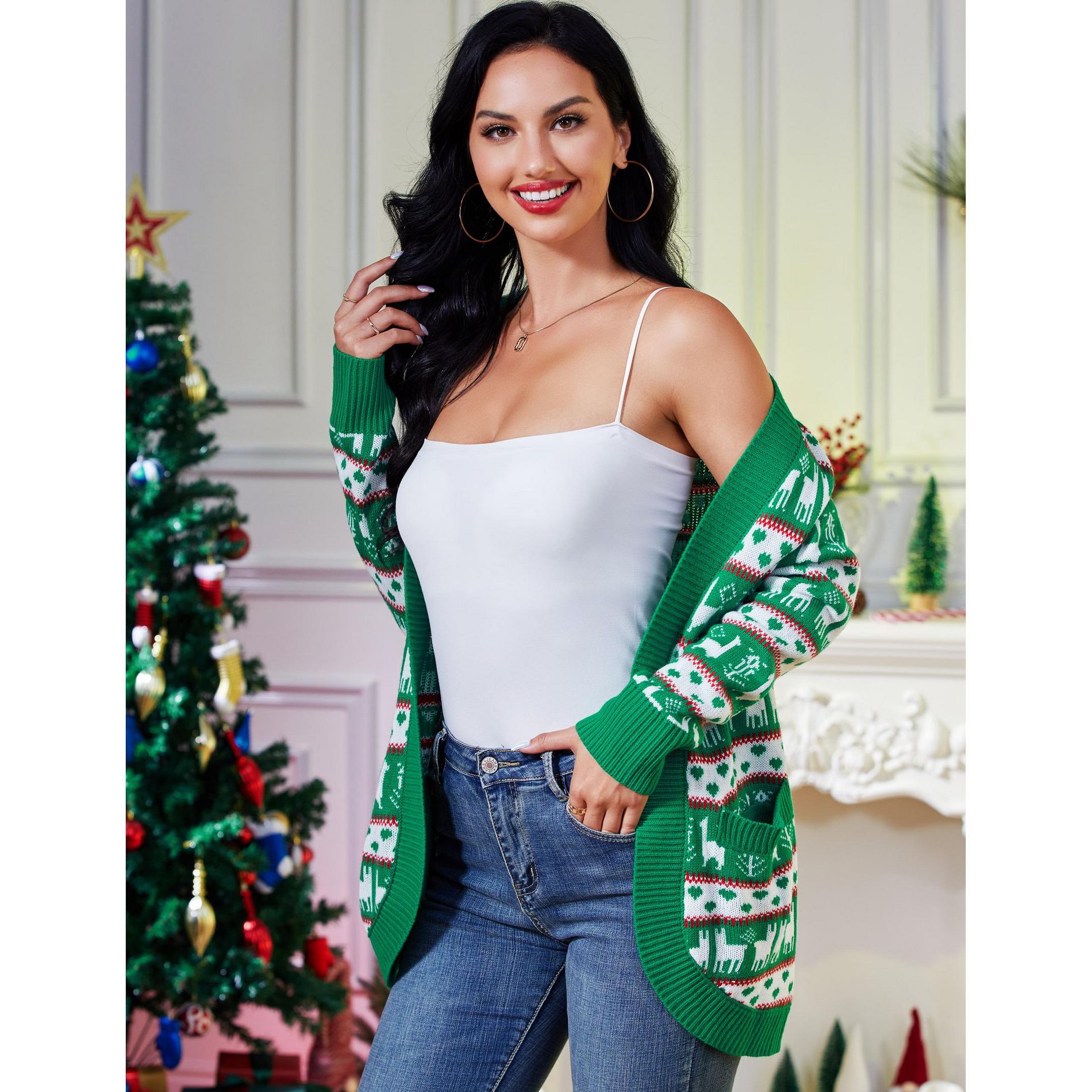 Women's Christmas Cardigan Sweater Long Sleeve Crewneck Pullover Novelty Snowflake Tree Patterns Knitted Sweatshirt Sweaters