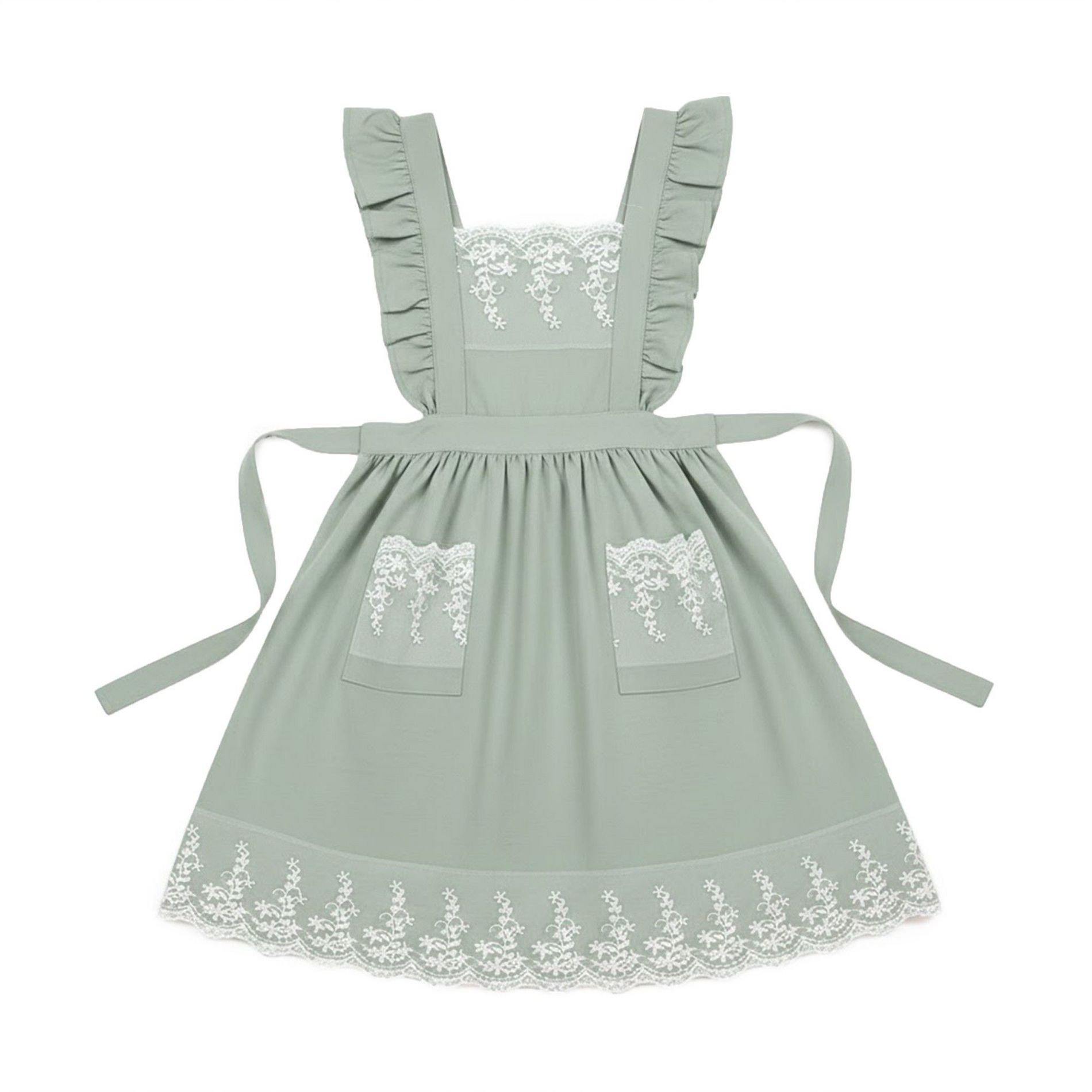 Alilang Lace Trim Ruffle Kitchen Apron with Embroidered Bib Detail Dual Front Pockets and Adjustable Waist Ties