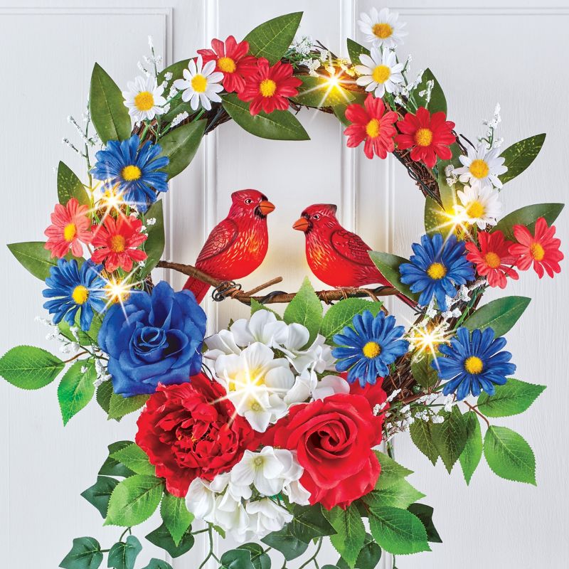 Collections Etc Lighted Patriotic Cardinal Wreath with Greenery 16" x 4.5" x 25", 3 of 4
