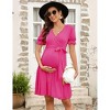 Coolmee Women's Maternity Dress Puff Short Sleeves V Neck Dresses Casual High Waist A Line Solid Color Midi Dress with Belt - 2 of 4