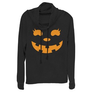 Juniors Womens CHIN UP Halloween Jack o' Lantern Face Cowl Neck Sweatshirt - 1 of 4