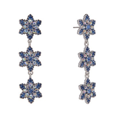 Boucles D'Oreilles Flocons De Neige Bleu Glitter - Bijou D'Hiver Et Noël - Pour Femme - Crochet Percé Et Pendentif