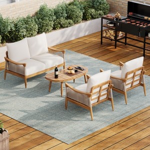 4-PCS Patio Conversation Set Outdoor Furniture Set with Coffee Table, Cushioned Armchairs & Loveseat, Acacia Wood&Woven Rope, Beige+Teak-Merax - 1 of 4