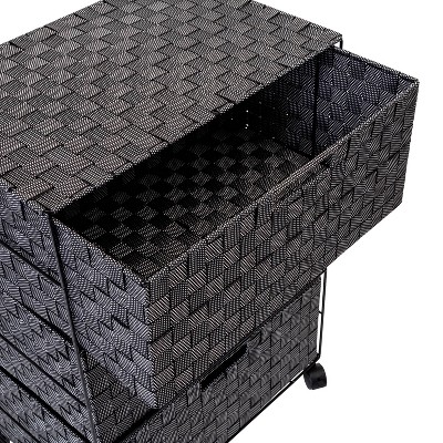 Black and White Woven 3-Drawer Rolling Storage Chest