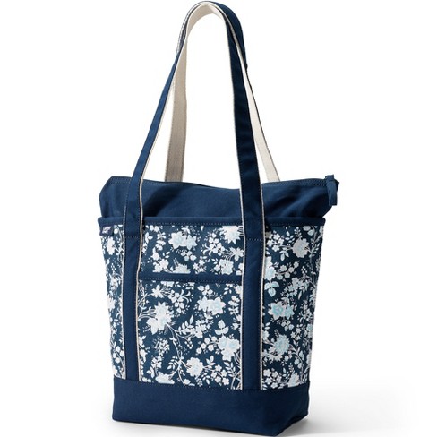 Lands' End Small Print Zip Top Canvas Tote Bag - - Deep Sea Navy Classic  Floral