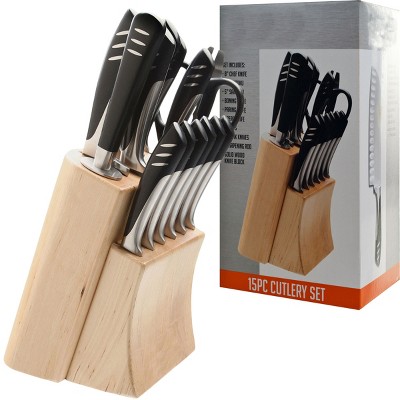 Hastings Home 15-Piece Knife Set and Storage Block - Wood