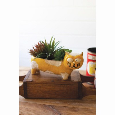 Cat Planter – Yellow and White Ceramic Pot – 5" Tall Decorative Home Accent by Kalalou