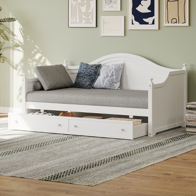 Twin Size Wood Daybed Sofa Bed with 2 Storage Drawers and Handrail, White/Light Gray -ModernLuxe