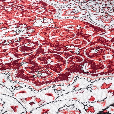 Red and Ivory Traditional Medallion Stain-Resistant Runner Rug