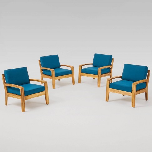 Grenada 4pk Wooden Patio Club Chairs with Cushions – Teak/Dark Teal – Christopher Knight Home For Sale