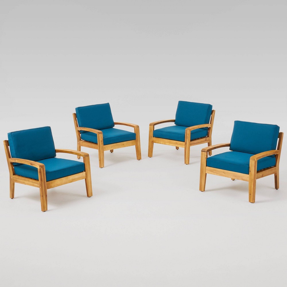 Grenada 4pk Wooden Patio Club Chairs with Cushions Teak Dark Teal Christopher Knight Home