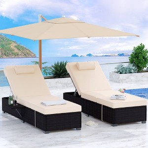 Outdoor PE Wicker Chaise Lounge Chairs Set of 2 Patio Brown Rattan Reclining Chair Adjustable Backrest Pool Sunbathing Recliners with Cushion Cover - 1 of 4