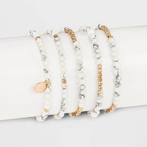 Howlite Multi-Strand Bracelet Set 5pc - Universal Thread™ White/Gold: Stone Stretch Band, One Size Fits Most - 1 of 1