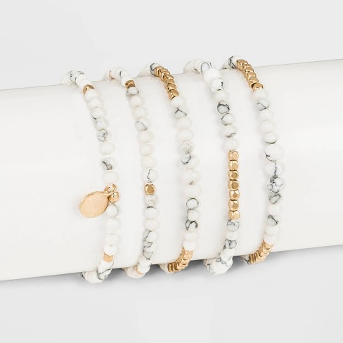 Semi-Precious White Howlite & Sunstone Stretch Multi-Strand Bracelet Set  3pc - Universal Thread™ Worn Gold