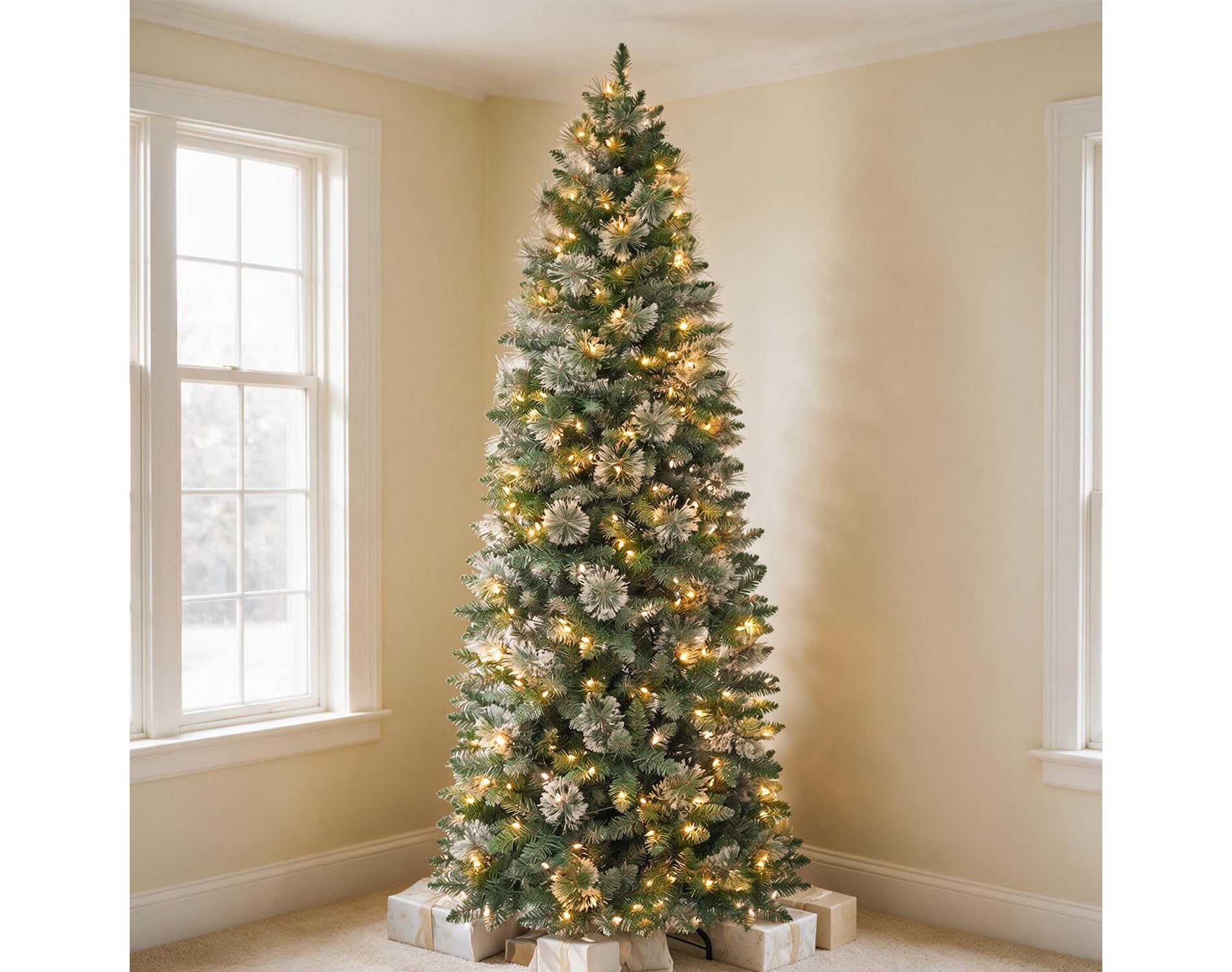 VIVATREES 6ft Prelit Christmas Tree Artificial Pine Needles Pencil Warm White LED Lights Metal Stand Hinged Branches for Holiday Decor