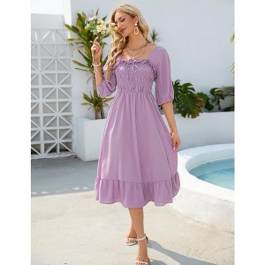 Women's Sundress Half Sleeve Elastic Square Neck Smocked Ruffle Hem Midi Beach Dress - 1 of 4