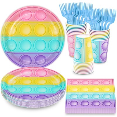 DYLIVeS Pop Fidget Birthday Party Supplies,Dinner Plates and Luncheon Napkins Cups Forks Disposable Tableware Set,Pop Push Colorful Party Decorations