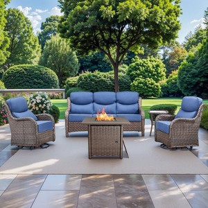 Gymojoy 5 Pieces Outdoor Patio Wicker Sofa Swivel Chair with 6 Inch Cushions and Fire Pit Table - 1 of 4