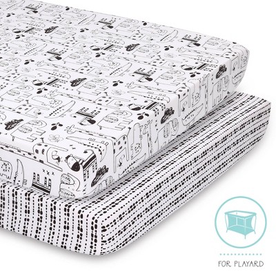 The Peanutshell Fitted Playard Sheets - Black and White Safari Animals - 2pk