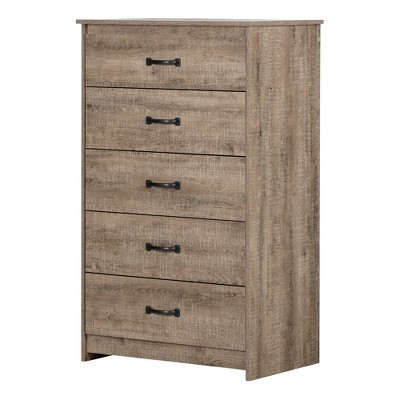 Weathered Oak Vertical 5-Drawer Dresser with Metal Handles