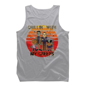 Men's Design By Humans Chillin with my creeps 80's style halloween characters By MerchHQ Tank Top - 1 of 4