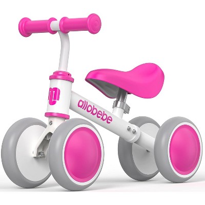 Allobebe Baby Balance Bike For Ages Up to 3 Years Adjustable Seat, Silent & Soft 4 Wheel Ride On, Light Pink