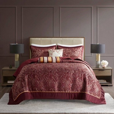 Burgundy Reversible Queen Microfiber Jacquard Bedspread Set