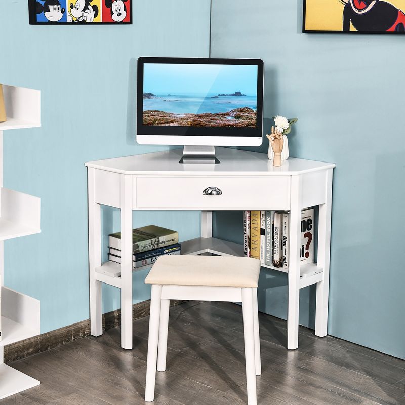Costway Triangle Computer Desk Corner Office Desk Laptop Table w/ Drawer Shelves Rustic White, 2 of 14