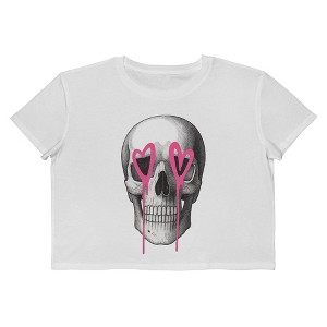 Rerun Island Women Skull Pink Heart Eyes Short Sleeve Graphic Cotton Cropped Loose T-shirt - 1 of 4