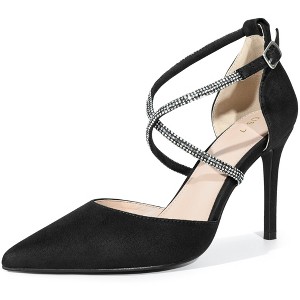 BLISSFUL STEP Women's Pointed Toe Ankle Strap Rhinestone Pumps - 1 of 3