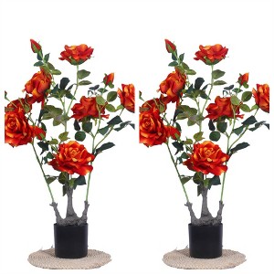 2Pcs Faux Peony Flower Tree, 28in Artificial Plants & Flowers with Green Leaves Pre-Potted Fake Blooming Tree for Indoor Outdoor Porch Home Decor - 1 of 4