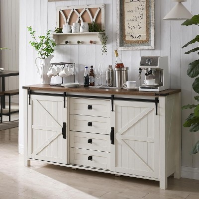 SinCiDo Farmhouse 60"Dressing Table with Sliding Barn Door and 4 Drawers,Drawer Cabinet Living Room,Bedroom,Coffee Bar