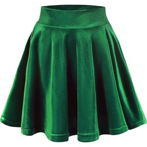 Women's Vintage Velvet Skater Skirt - Stretchy Flared Mini A-Line Skirt Green - 1 of 4
