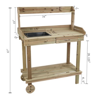 Natural Fir Wood Mobile Potting Bench with Drawer and Shelves